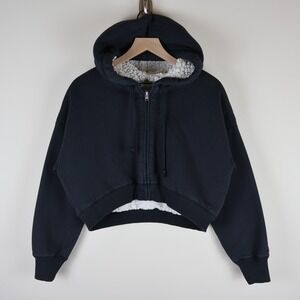 Hollister Sherpa Lined Full Zip Crop Hoodie Black Women's Small 22.5x17.5